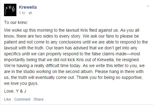 Krewella response facebook screenshot